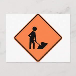 Postal Rótulo de construcción de carreteras en la zona de