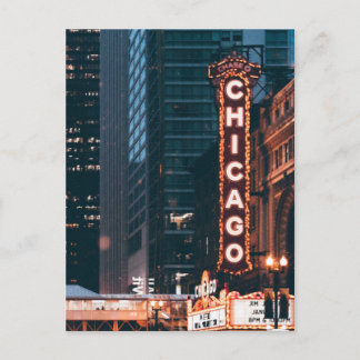 Postal Rótulo Neon De Chicago Illinois De Noche