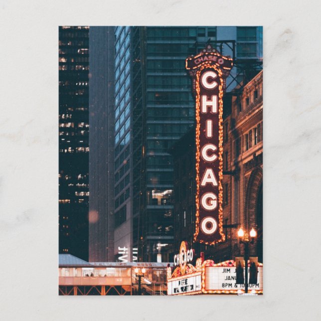 Postal Rótulo Neon De Chicago Illinois De Noche (Anverso)