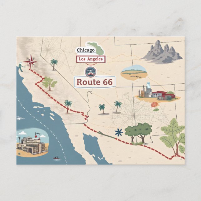 Postal Route 66 Vintage Travel Map Illustration (Anverso)