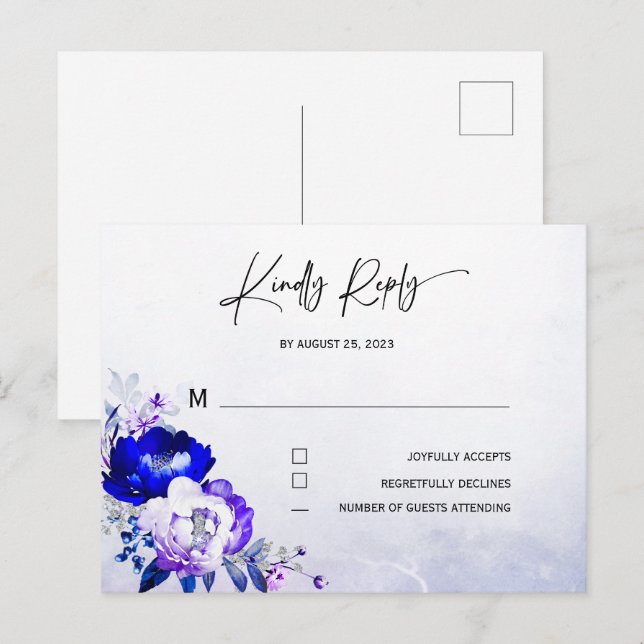 Postal Royal Blue and Purple Wedding RSVP (Anverso / Reverso)