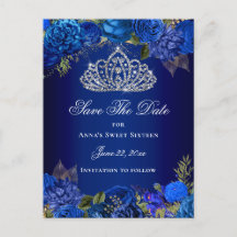 Royal Blue Floral Dulces Dieciséis Guardar La Fech