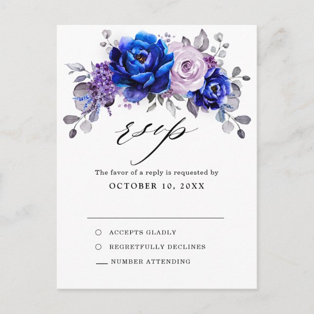 Postal Royal Blue Lilac Purple Floral Wedding RSVP (Anverso)