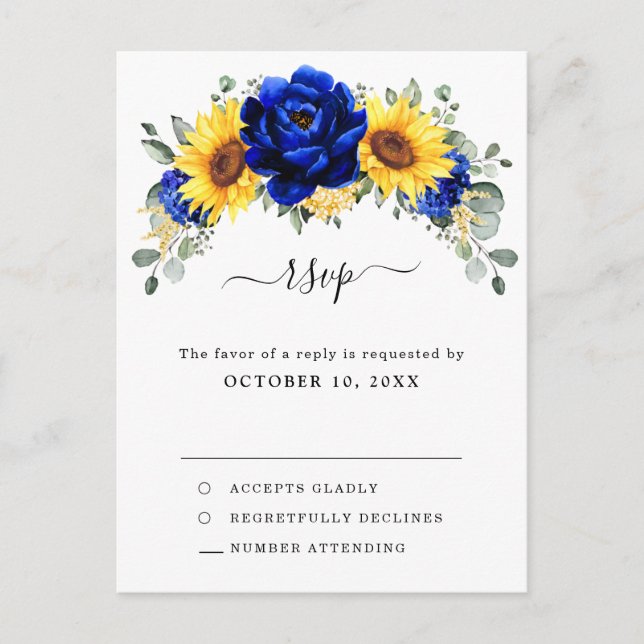 Postal Royal Blue Rustic Sunflower Moderno Floral RSVP (Anverso)