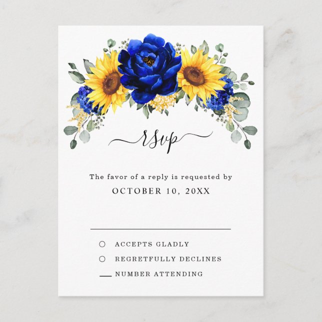 Postal Royal Blue Rustic Sunflower Moderno Floral RSVP (Anverso)