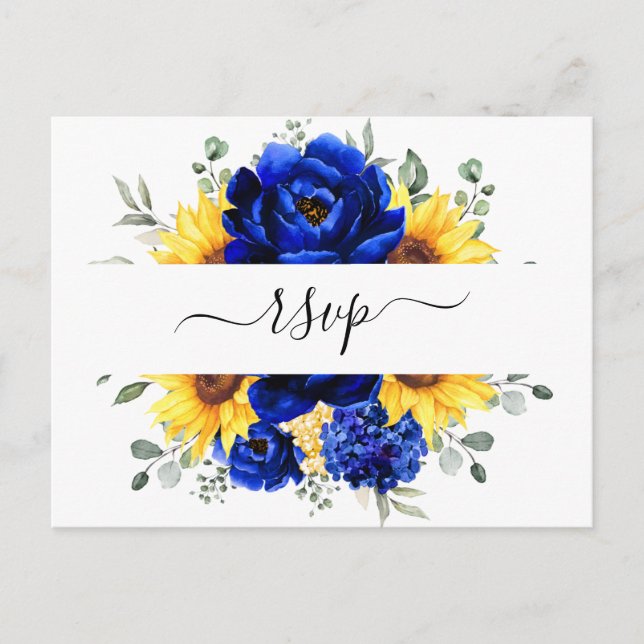 Postal Royal Blue Rustic Sunflower Moderno Floral RSVP (Anverso)