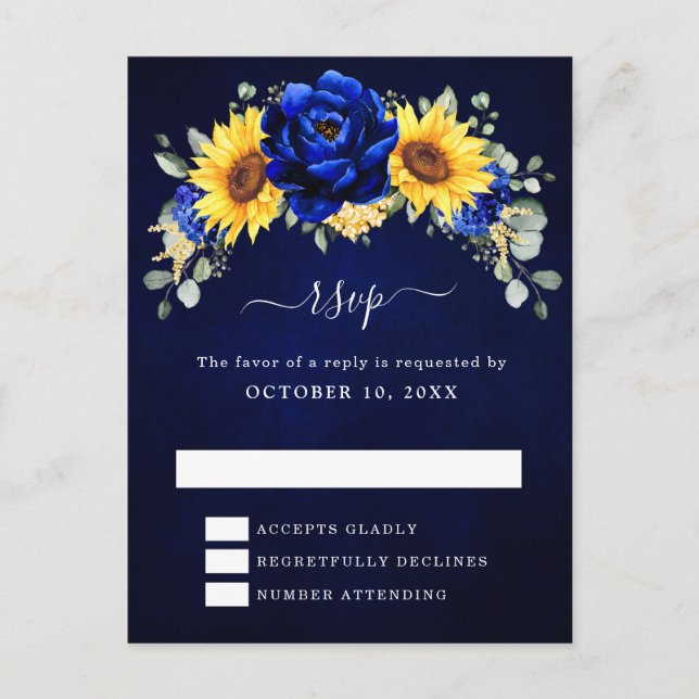 Postal Royal Blue Rustic Sunflower Moderno Floral RSVP Po (Anverso)