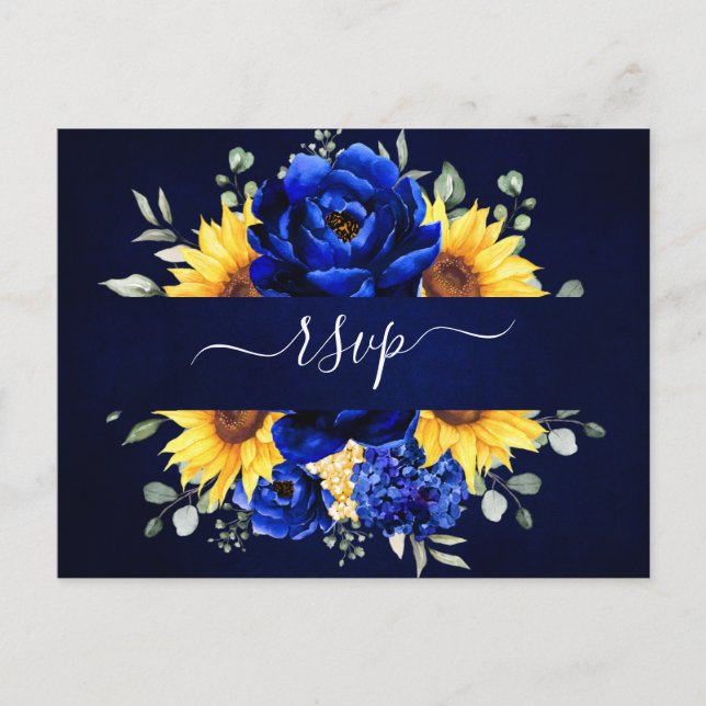 Postal Royal Blue Rustic Sunflower Moderno Floral RSVP Po (Anverso)