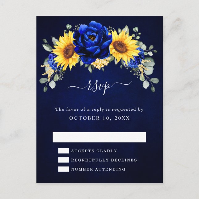 Postal Royal Blue Rustic Sunflower Moderno Floral RSVP Po (Anverso)