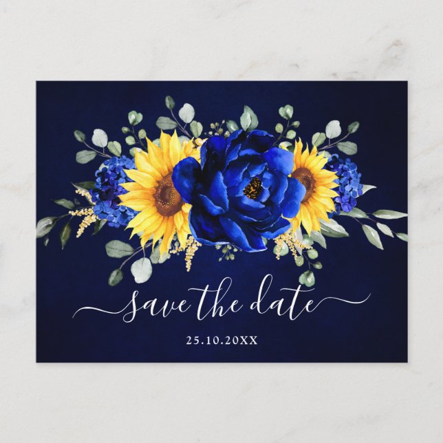 Postal Royal Blue Rustic Sunflower Moderno salva la fecha (Anverso)