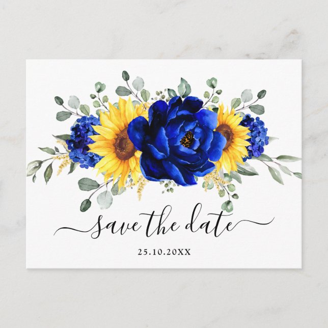 Postal Royal Blue Rustic Sunflower Moderno salva la fecha (Anverso)