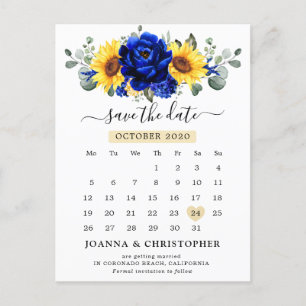 Postal Royal Blue Rustic Sunflower Moderno salva la fecha