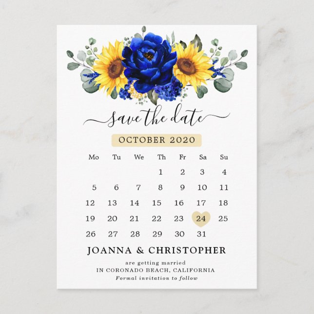 Postal Royal Blue Rustic Sunflower Moderno salva la fecha (Anverso)