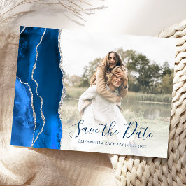 Postal Royal Blue Silver Agate Custom Photo Save the Date