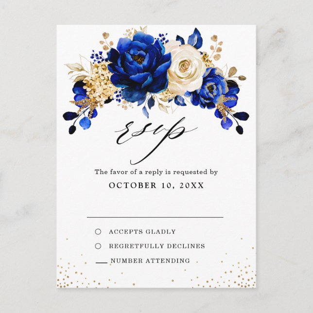 Postal Royal Blue Yellow Gold Metallic Wedding RSVP (Anverso)