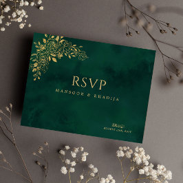 Postal Royal Emerald Green Gold Floral Wedding RSVP