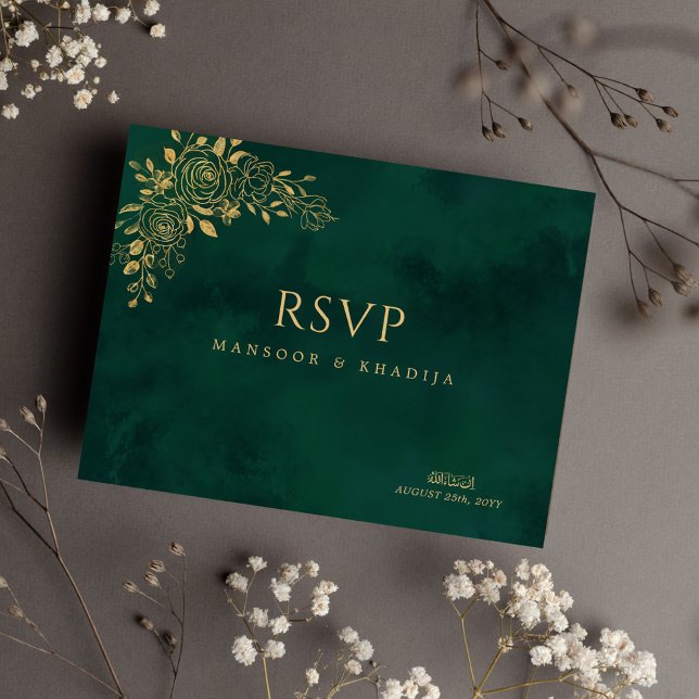 Postal Royal Emerald Green Gold Floral Wedding RSVP (Subido por el creador)