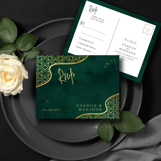 Postal Royal Emerald Green Gold Purpurina Wedding RSVP (Subido por el creador)