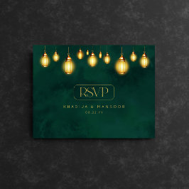 Postal Royal Emerald Green Golden Lights Wedding RSVP