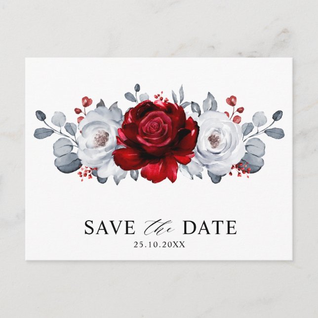 Postal Royal Rojo Blanco Plateado Metálico Save the date  (Anverso)