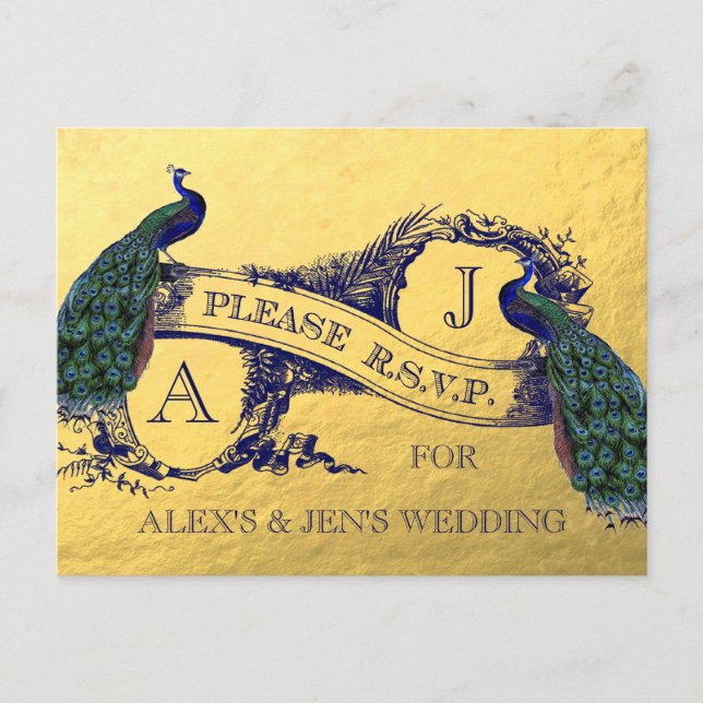 Postal RSVP 2 de la boda de pavo real de Relieve m (Anverso)