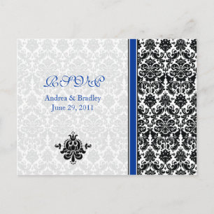 Postal RSVP azul, negro, blanco Damask