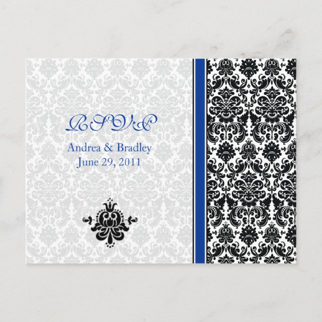 Postal RSVP azul, negro, blanco Damask (Anverso)