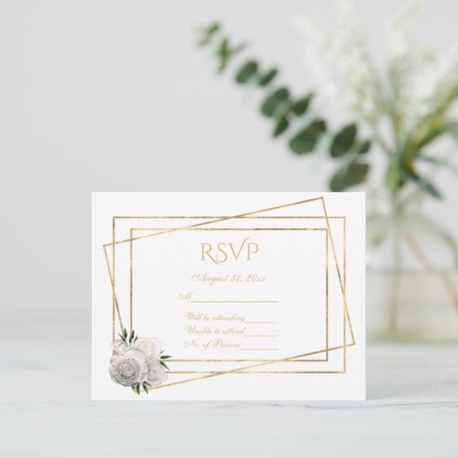 Postal RSVP blanco y oro con rosas blancas (Anverso de pie)