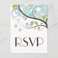 Postal RSVP Blue & Green Cute Lovebirds Boda RSVP