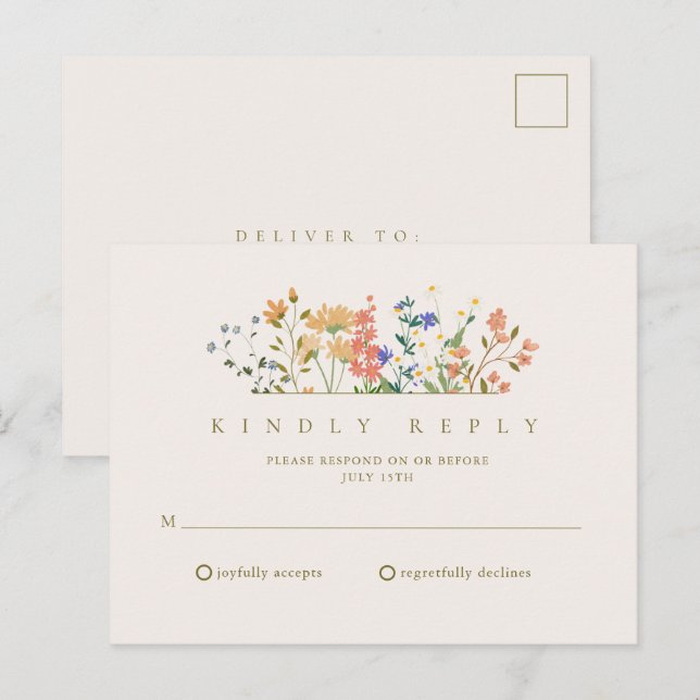 Postal RSVP Boda Boho Flor Silvestre de Verano (Anverso / Reverso)