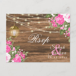 Postal RSVP - Boda con Madera, Farol y Floral Rosa