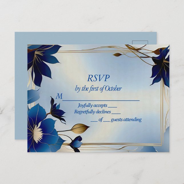 Postal RSVP boda de flores azules de deceno (Anverso / Reverso)