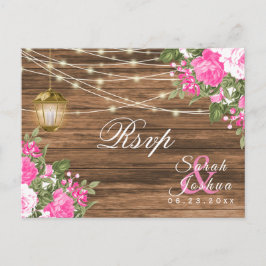 Postal RSVP - Boda de madera, farolillos y flores rosadas