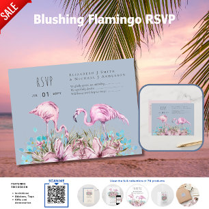 Postal RSVP - Boda de playa tropical de Flamingos ruidoso