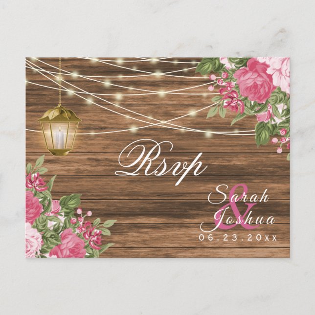 Postal RSVP - Boda floral de madera, linterna y malva ros (Anverso)