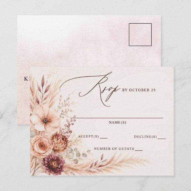 Postal RSVP Boda Otoño Floral Pampas Rústica (Anverso / Reverso)