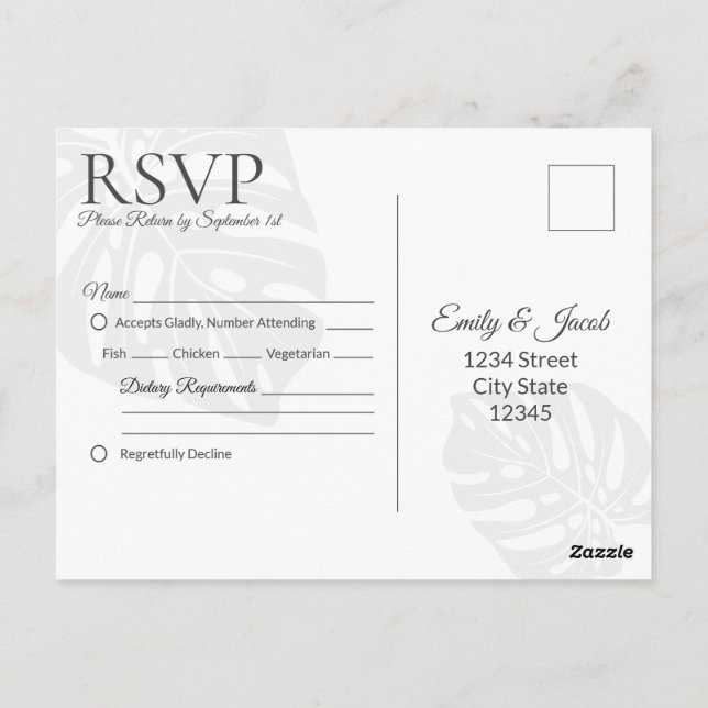 Postal RSVP boda, playa tropical de hojas de palme (Reverso)