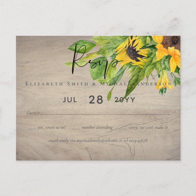 Postal RSVP boda rústica de bosques de girasol (Anverso)