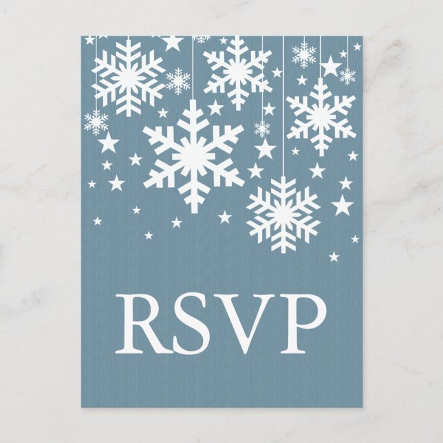 Postal RSVP con copos de nieve y estrellas, azul (Anverso)