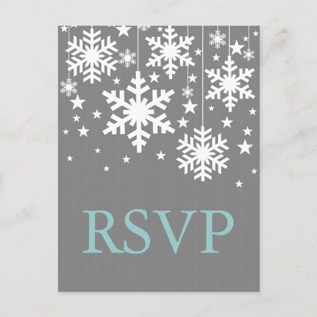 Postal RSVP con copos de nieve y estrellas, gris (Anverso)