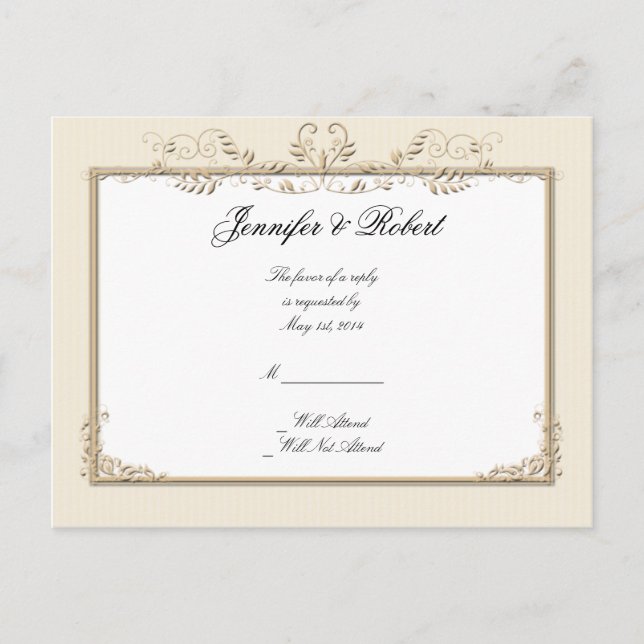 Postal RSVP con floral de color crema dorada vinta (Anverso)