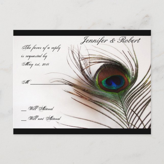 Postal RSVP con glamour de plumas de pavo real (Anverso)