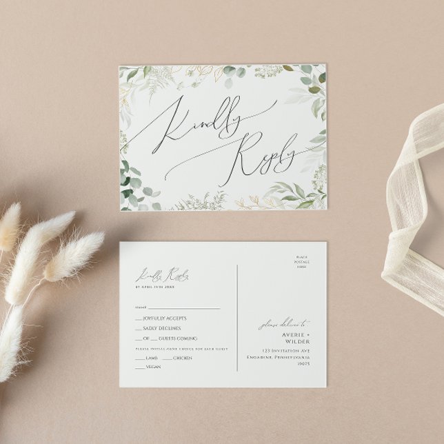 Postal RSVP con menú de oro para una exquisita veg (Subido por el creador)