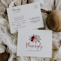 Postal Rsvp con menú floral rosa de Borgoña