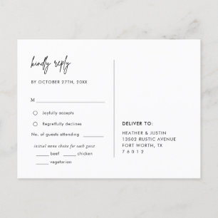 Postal RSVP con opción de menú Boda minimalista
