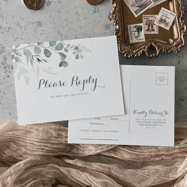 Postal RSVP con opción de menú Eucalyptus minimali (Subido por el creador)