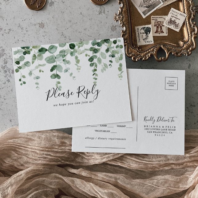Postal RSVP con opción de menú Eucalyptus minimali (Subido por el creador)