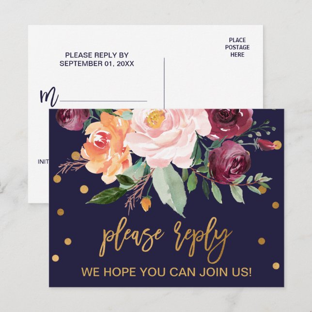 Postal RSVP con opción de menú floral otoño (Anverso / Reverso)