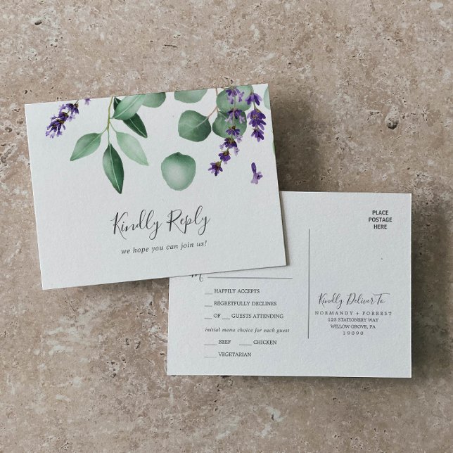 Postal RSVP con opción de menú Lavanda Rústica (Subido por el creador)