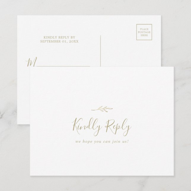 Postal RSVP con opción de menú Mínimo Leaf Gold (Anverso / Reverso)